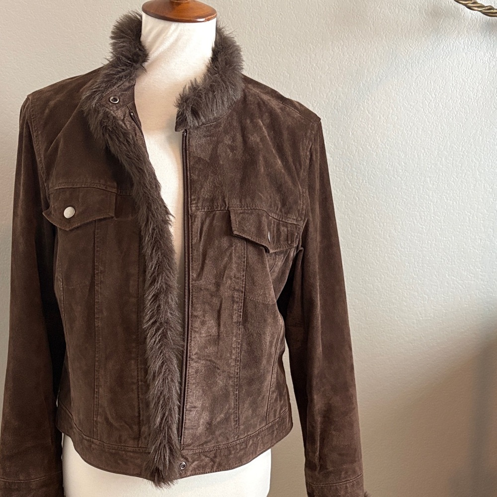 Coldwater Creek Dark Brown Teddy Jacket with Faux Fur Trim